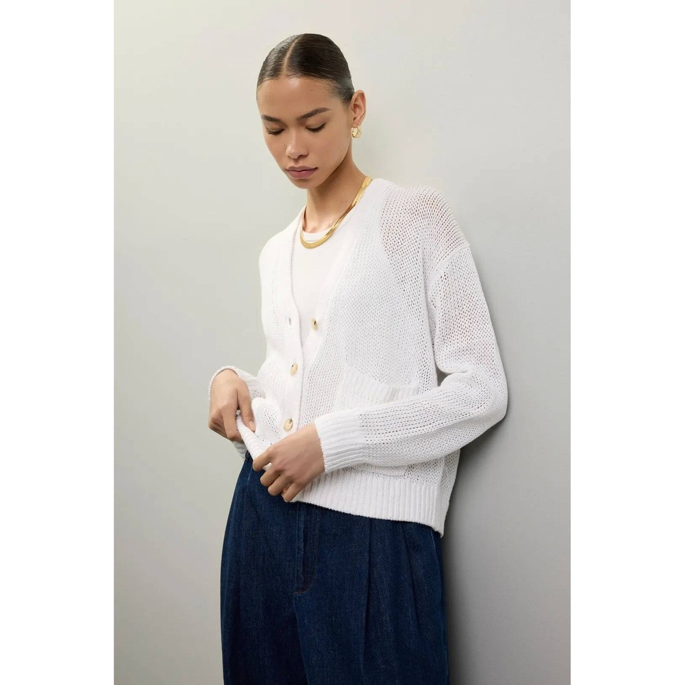 Polo Ralph Lauren Womens White Open Knit Cotton V-Neck Cardigan Sweater Small